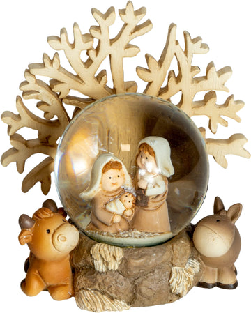 Natività in sfera di vetro con neve e albero della vita