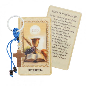 Card plastificata Prima Comunione con portachiavi in corda e croce