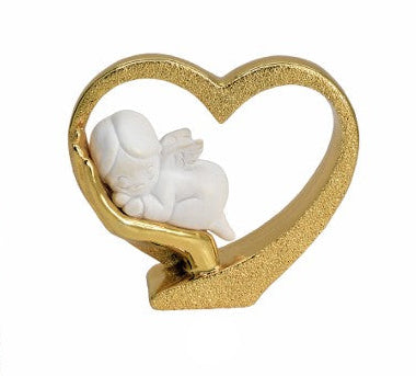Cuore dorato in resina con angelo cm 7