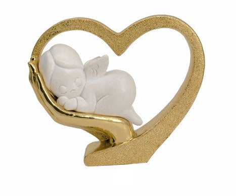 Cuore dorato in resina con angelo cm 12