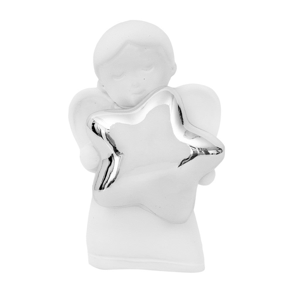 Angelo in resina bianca con simboli argento 6 cm