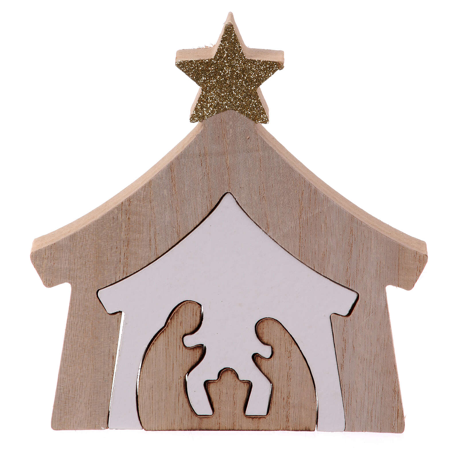 Capanna legno con natività e stella dorata