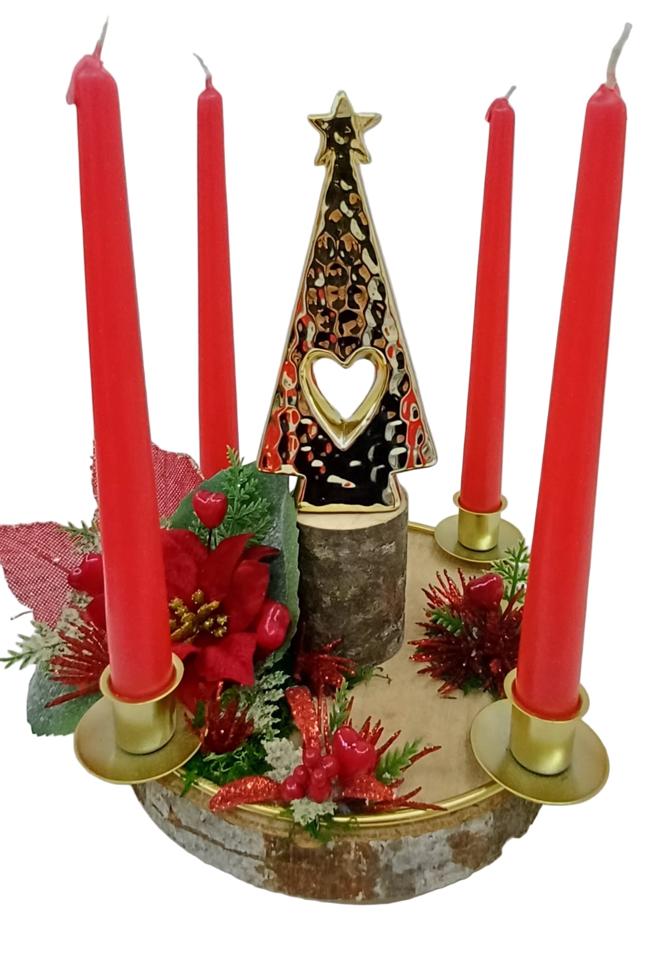 Corona Avvento albero dorato decoro rosso