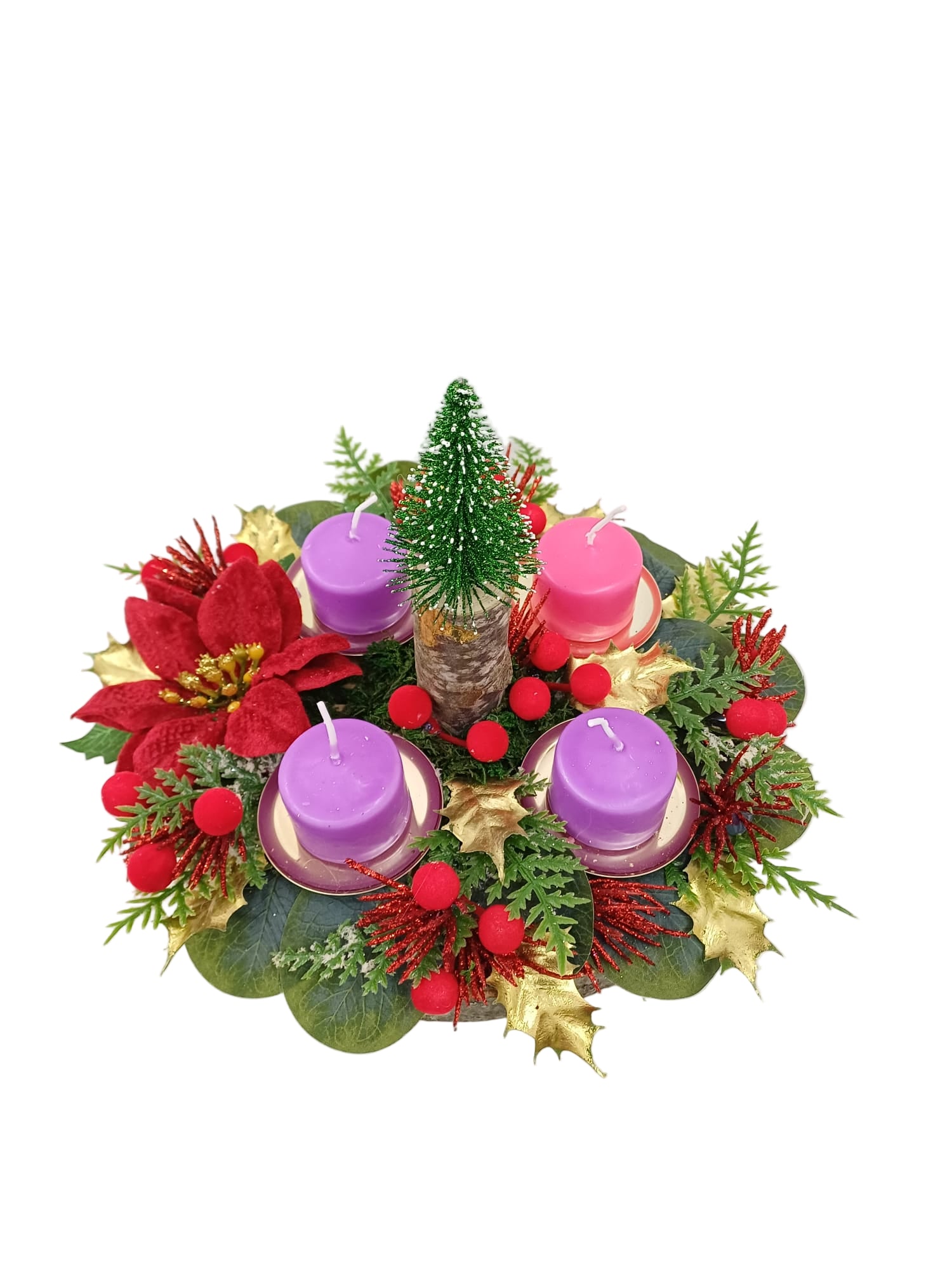 Corona Avvento con alberello e decoro rosso