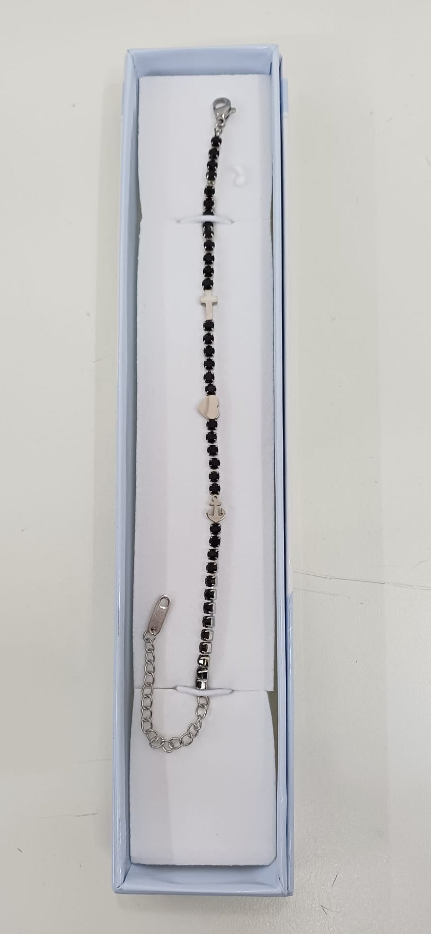 Bracciale in acciaio con zirconi e simboli fede speranza e carità