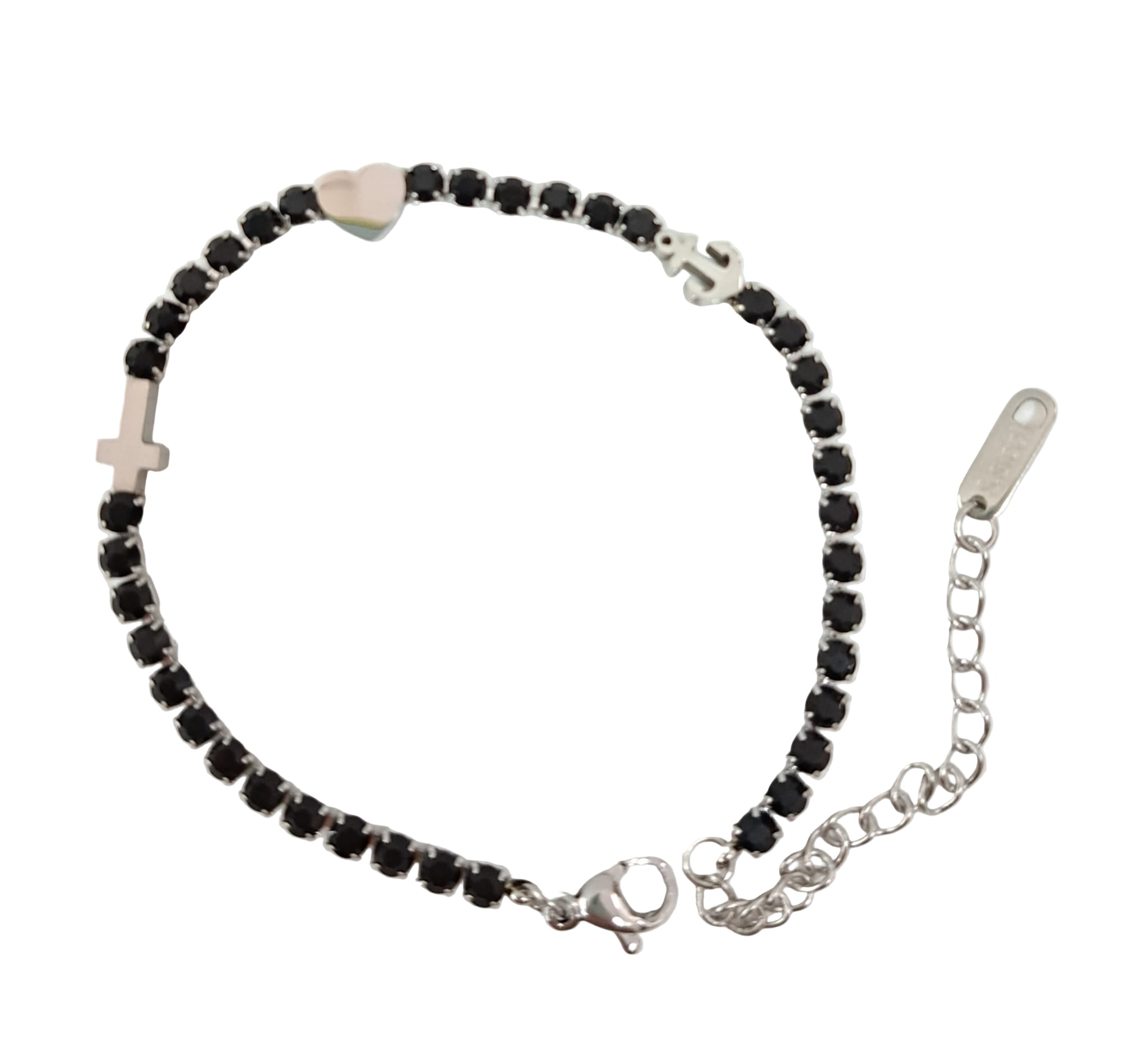 Bracciale in acciaio con zirconi e simboli fede speranza e carità