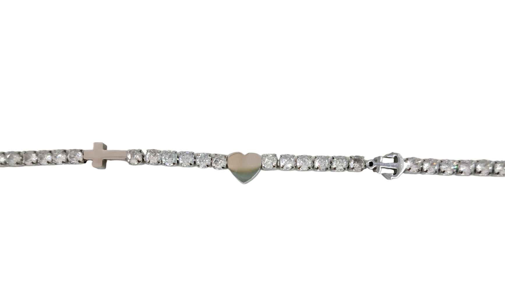 Bracciale in acciaio con zirconi e simboli fede speranza e carità