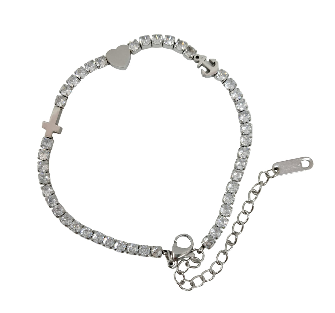 Bracciale in acciaio con zirconi e simboli fede speranza e carità