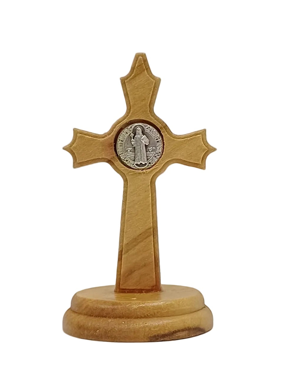 Croce trilobata San Benedetto da in legno ulivo base tonda
