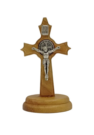 Croce trilobata San Benedetto da in legno ulivo base tonda