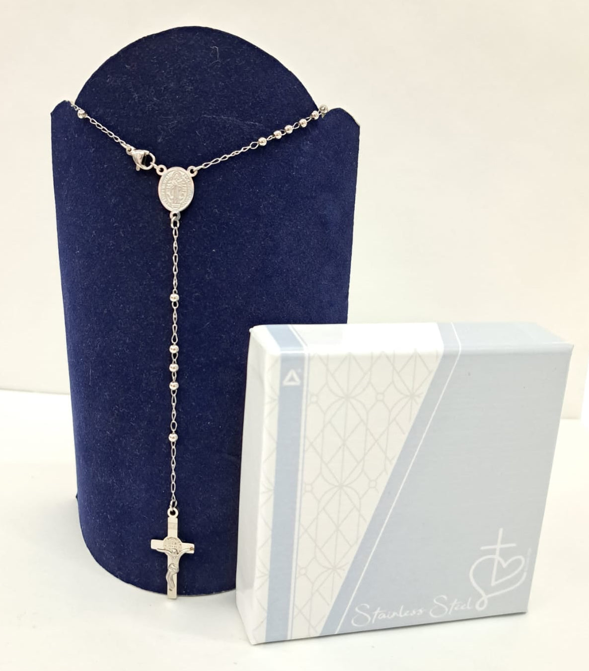 Collana rosario acciaio con medaglia San Benedetto