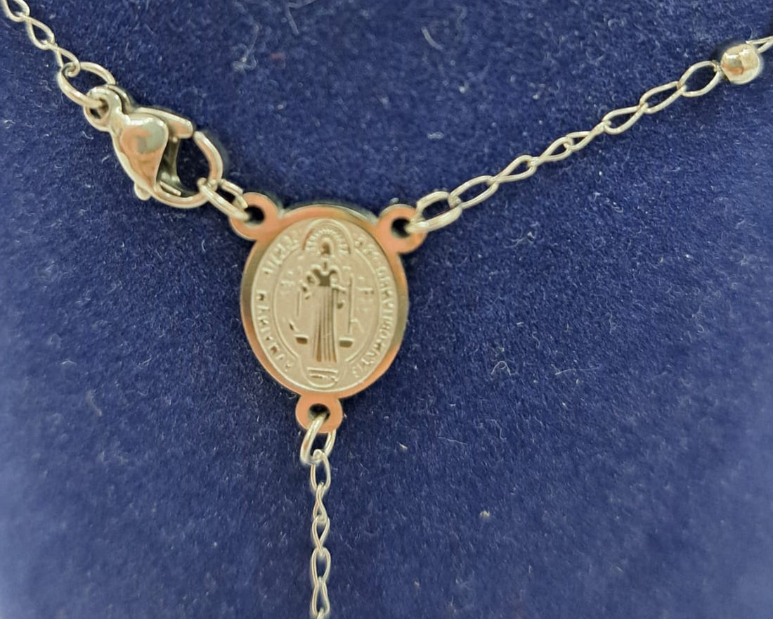 Collana rosario acciaio con medaglia San Benedetto