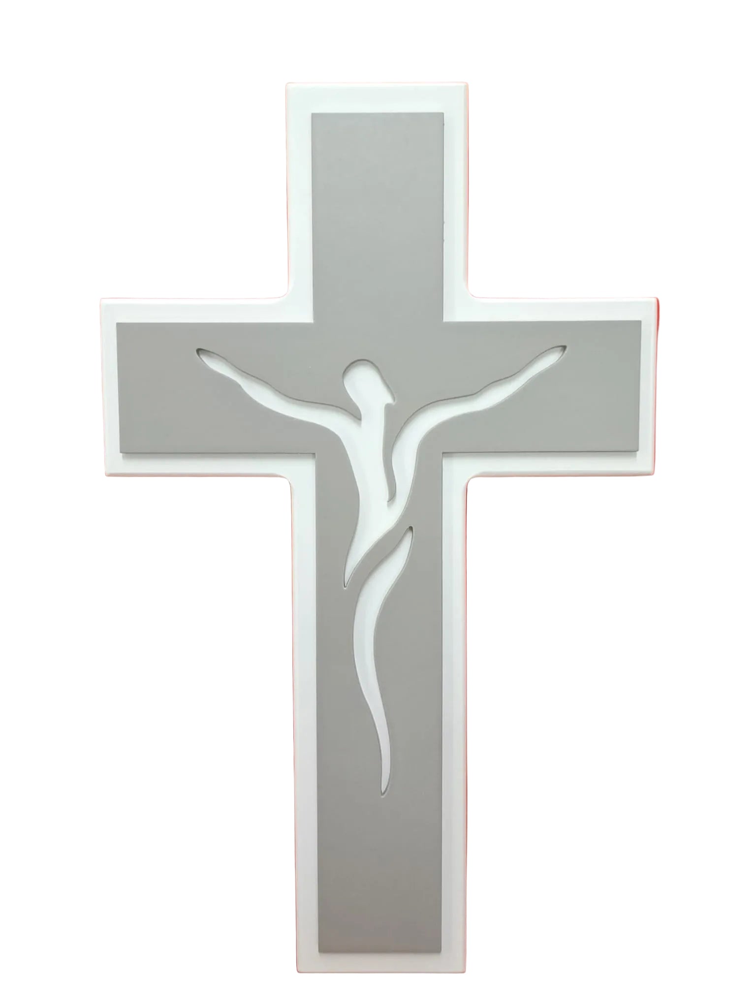 Croce in legno grigio e bianco con Cristo traforato