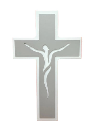 Croce in legno grigio e bianco con Cristo traforato
