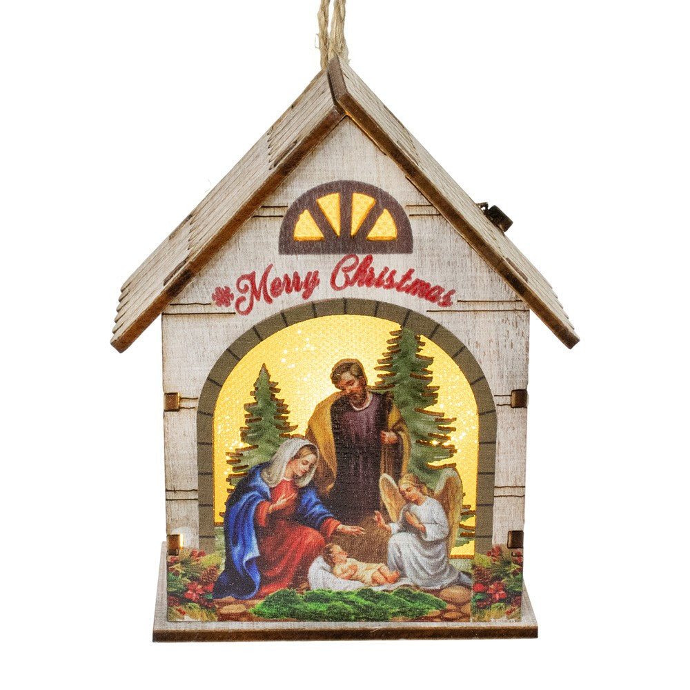 casetta legno 3d  con natività e luce led