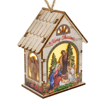casetta legno 3d  con natività e luce led