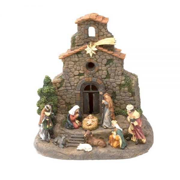 Presepe in resina con led e musica natalizia cm 16