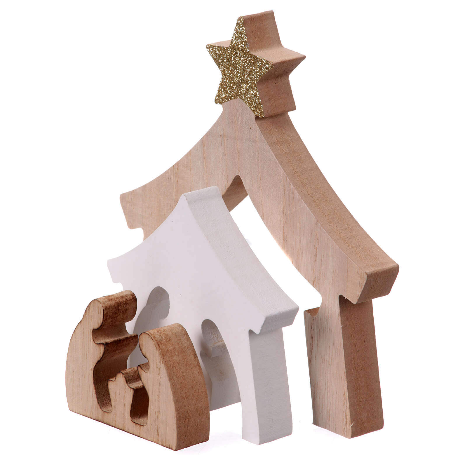 Capanna legno con natività e stella dorata